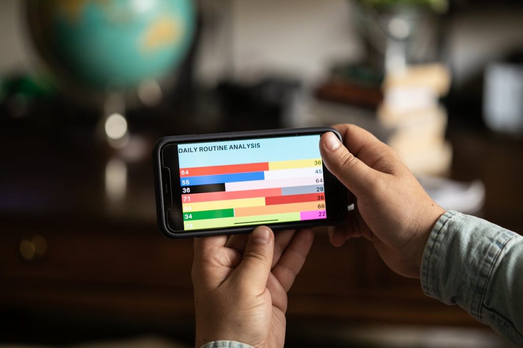 Person analyzing daily routine bar chart on mobile phone indoors.